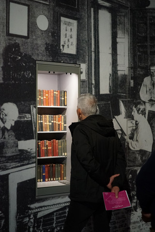 Personne devant une vitrine du musée